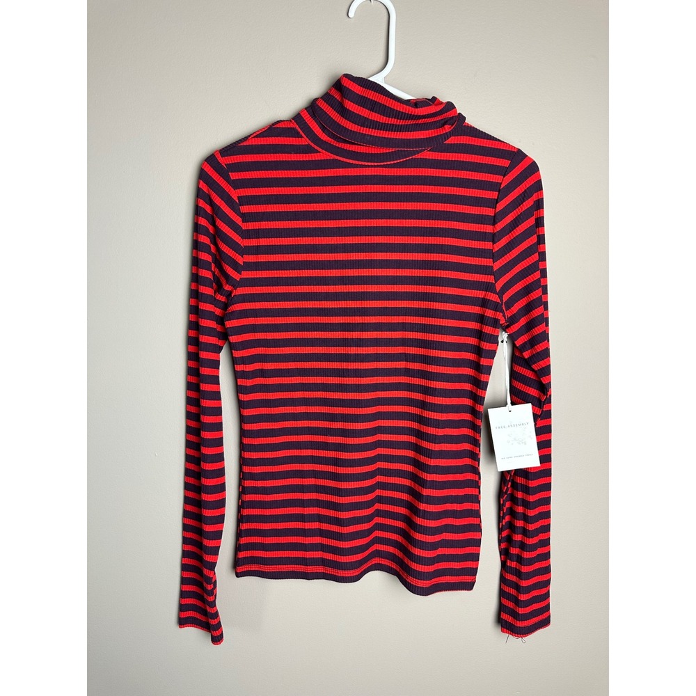 Free Assembly Womens Red Navy Blue Striped Ribbed Turtleneck Top XS NWT